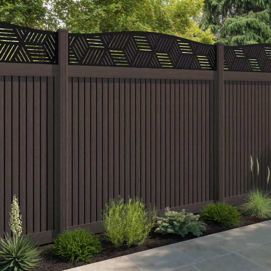 Virtis Cubed Curved Top Fence Panel - Mid Brown - with our composite posts
