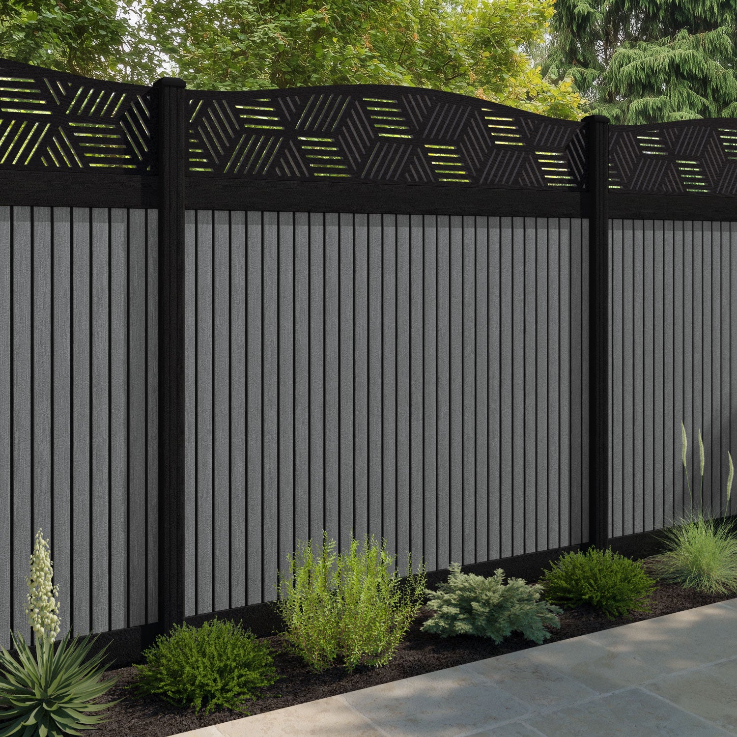 Virtis Cubed Curved Top Fence Panel - Mid Grey - with our aluminium posts