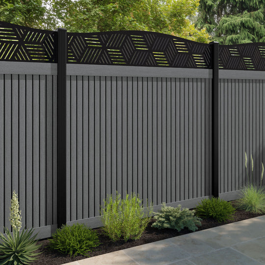 Virtis Cubed Curved Top Fence Panel - Mid Grey - with our aluminium posts