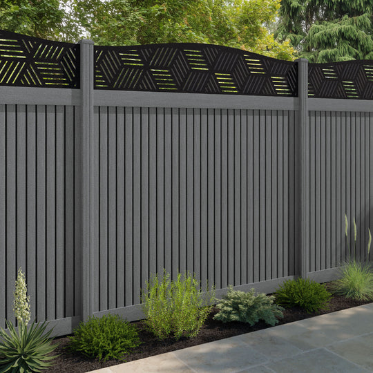 Virtis Cubed Curved Top Fence Panel - Mid Grey - with our composite posts