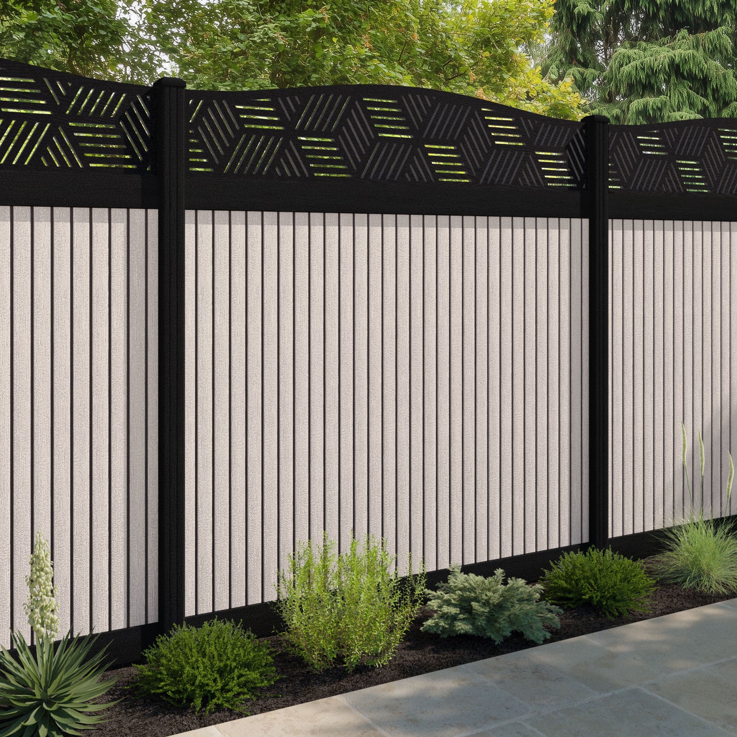 Virtis Cubed Curved Top Fence Panel - Mid Stone - with our aluminium posts