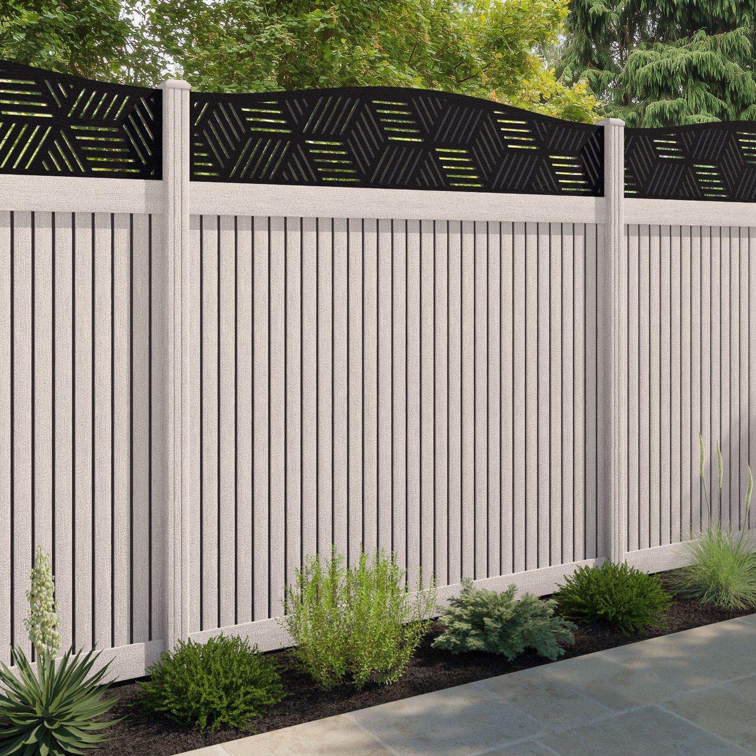 Virtis Cubed Curved Top Fence Panel - Mid Stone - with our composite posts