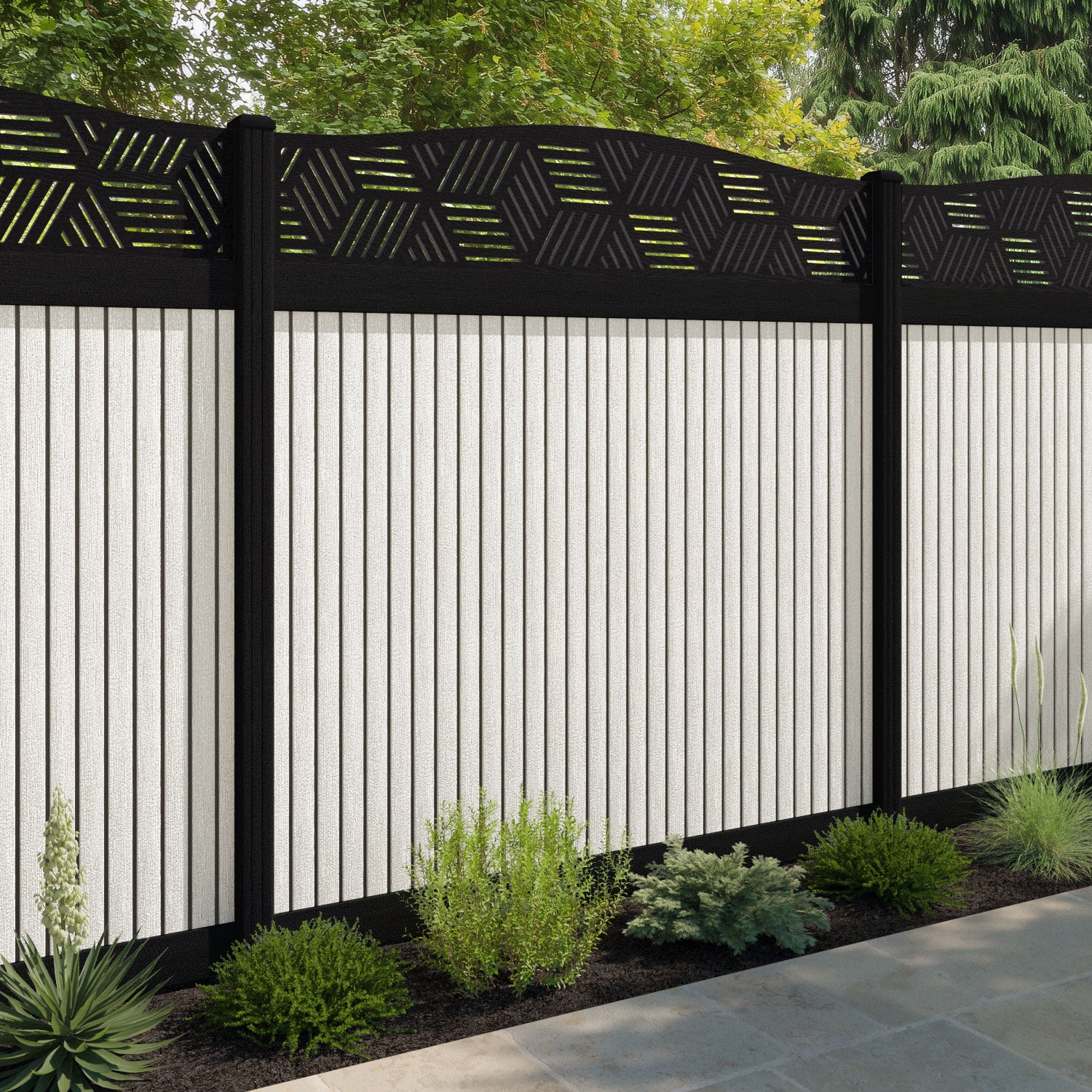 Virtis Cubed Curved Top Fence Panel - Light Stone - with our composite posts