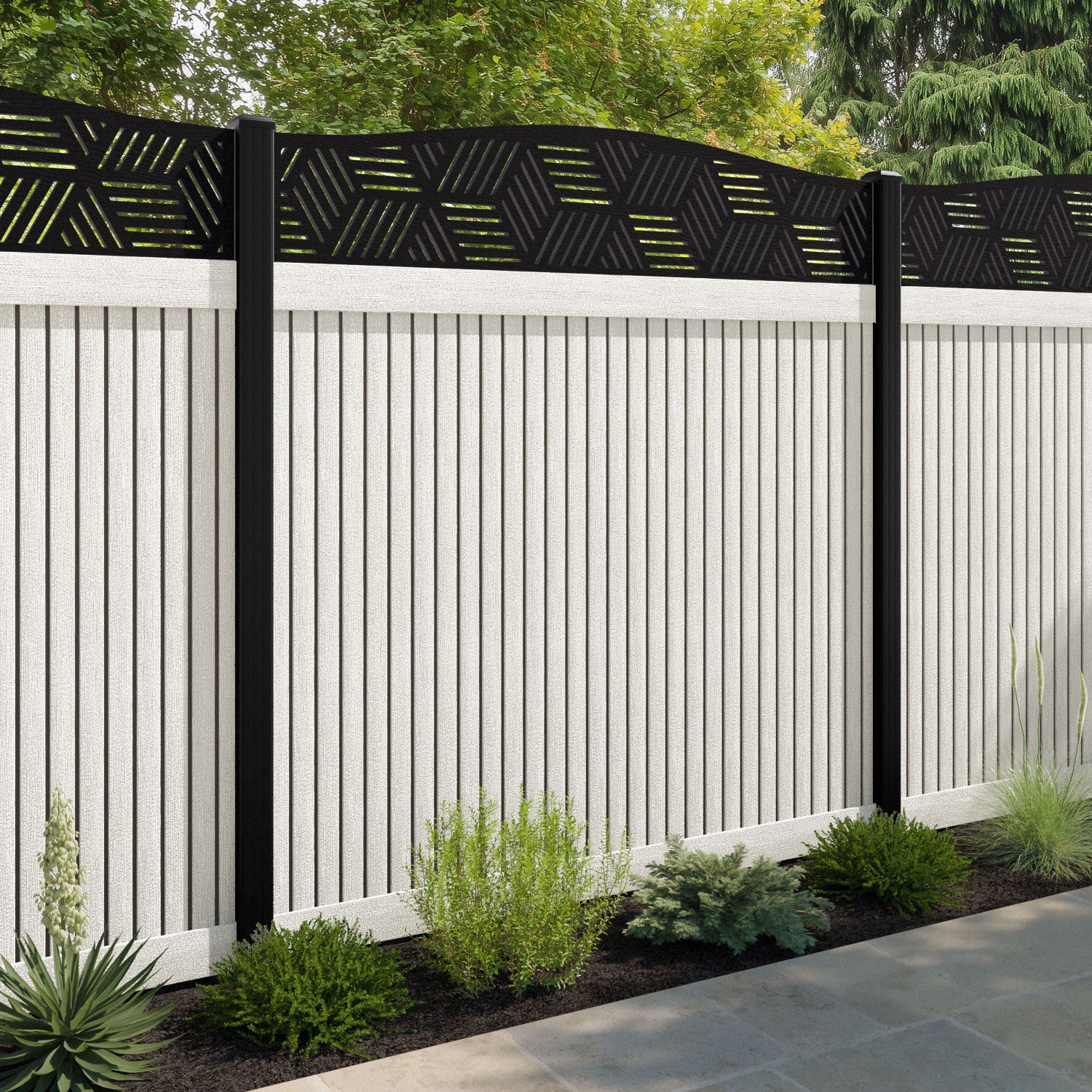 Virtis Cubed Curved Top Fence Panel - Light Stone - with our composite posts