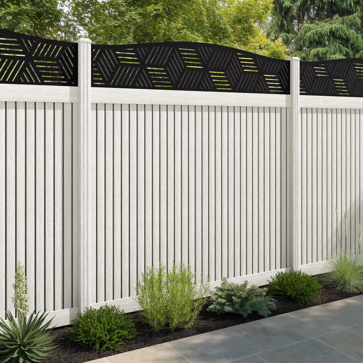 Virtis Cubed Curved Top Fence Panel - Light Stone - with our composite posts
