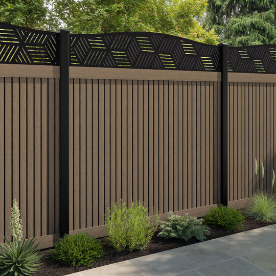 Virtis Cubed Curved Top Fence Panel - Teak - with our aluminium posts