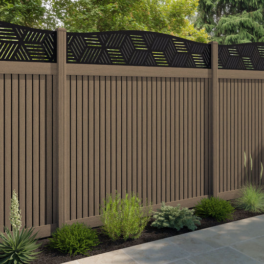 Virtis Cubed Curved Top Fence Panel - Teak - with our composite posts