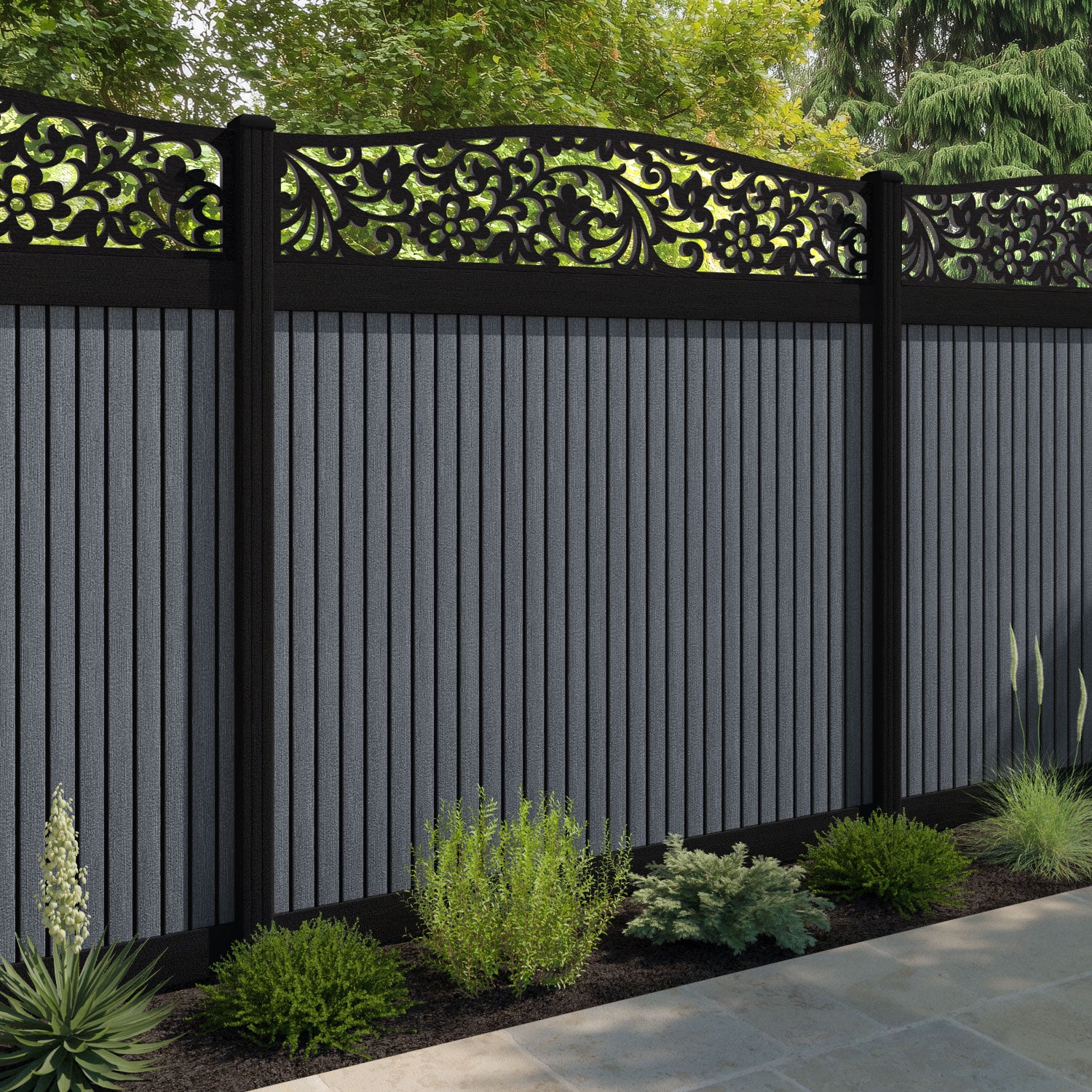 Virtis Eden Curved Top Fence Panel - Anthracite - with our composite posts