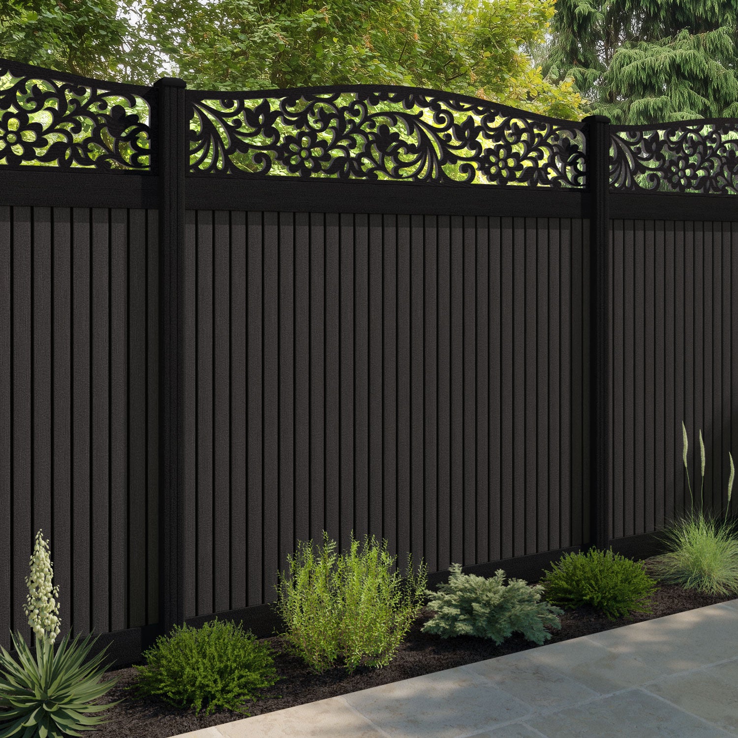 Virtis Eden Curved Top Fence Panel - Dark Oak - with our composite posts