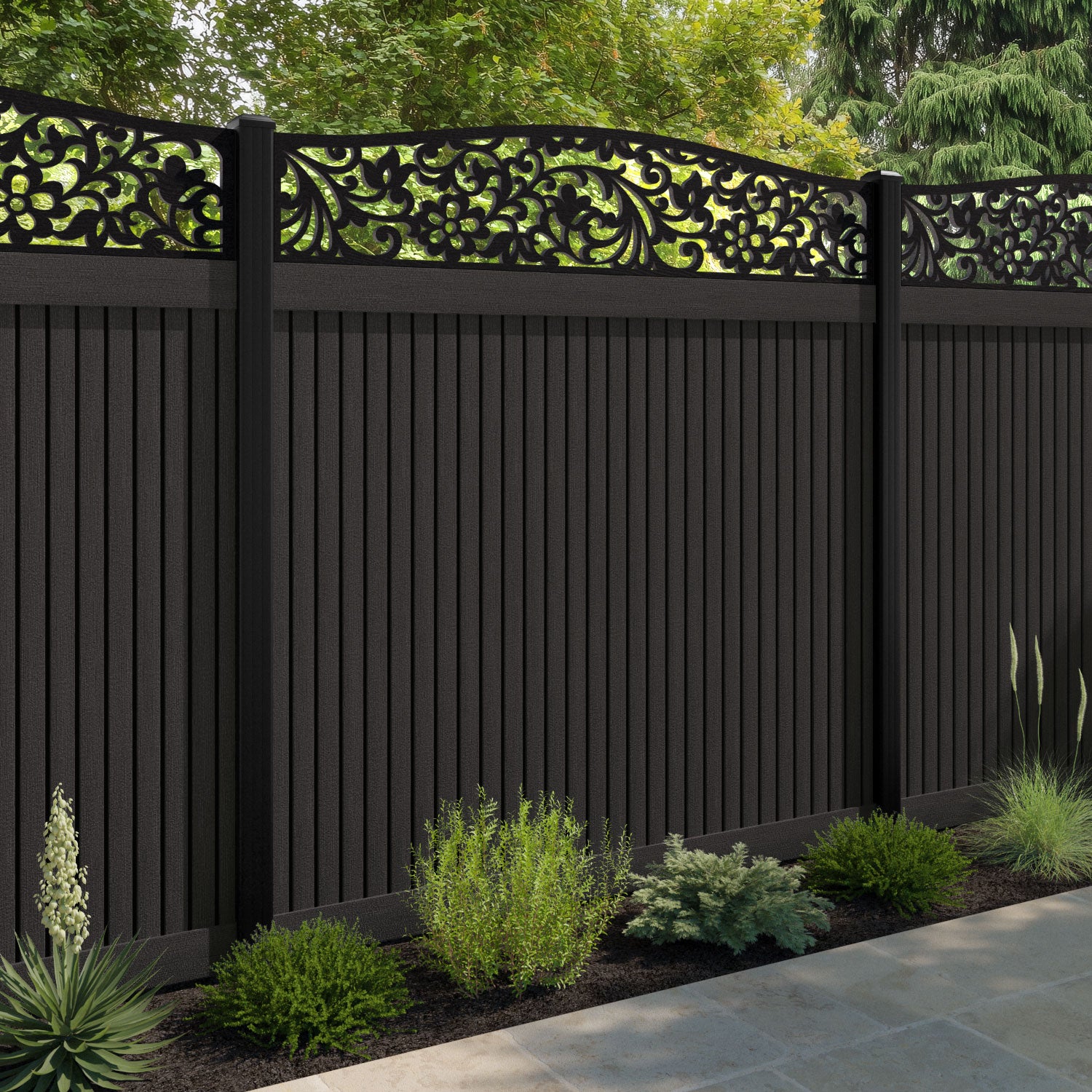 Virtis Eden Curved Top Fence Panel - Dark Oak - with our composite posts