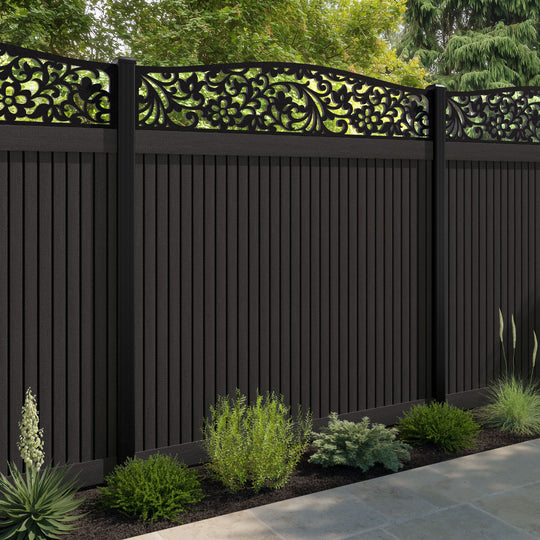 Virtis Eden Curved Top Fence Panel - Dark Oak - with our aluminium posts