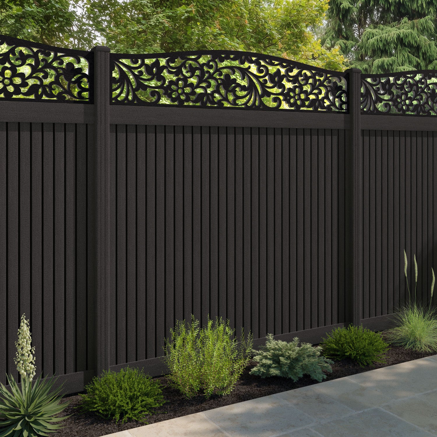 Virtis Eden Curved Top Fence Panel - Dark Oak - with our composite posts