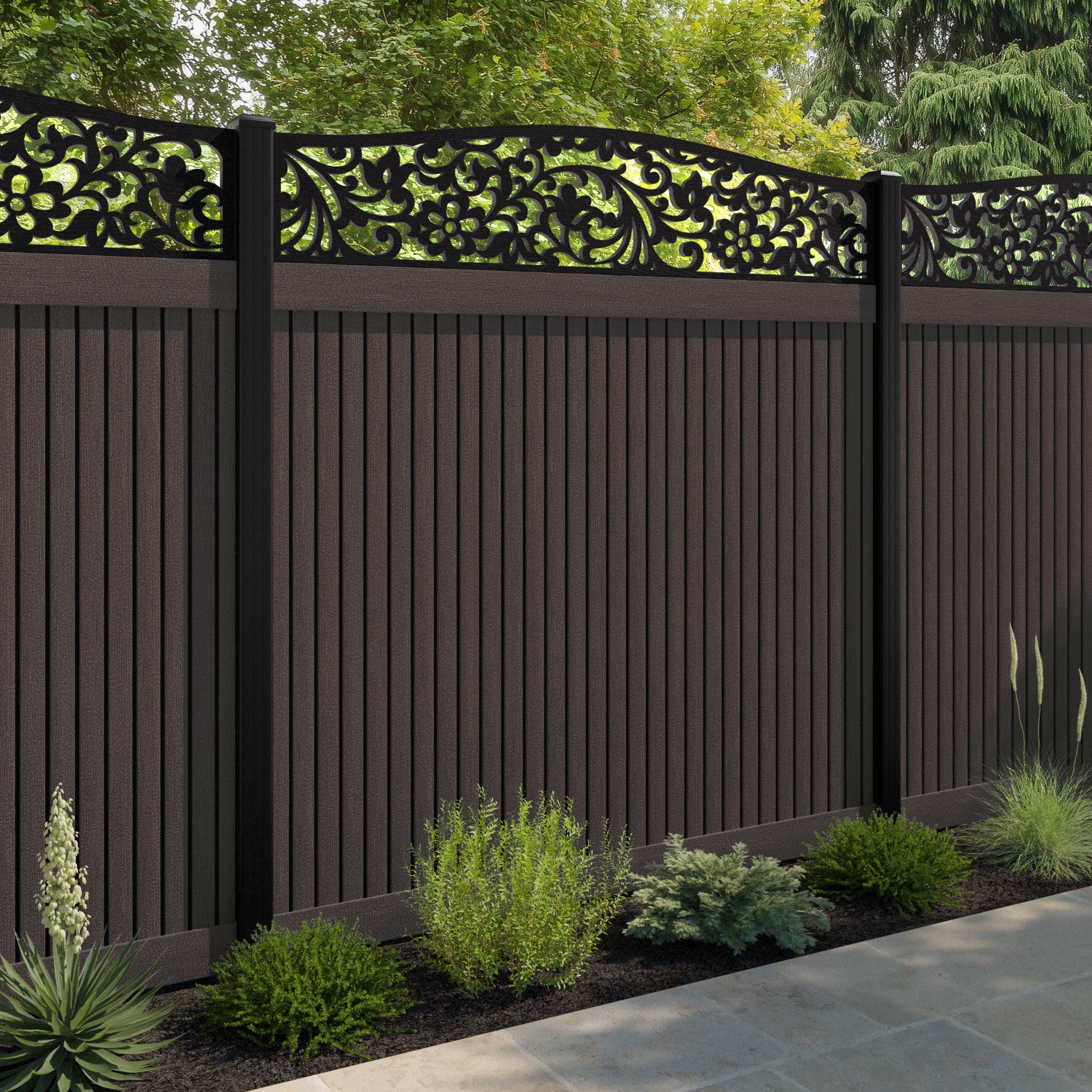 Virtis Eden Curved Top Fence Panel - Mid Brown - with our aluminium posts