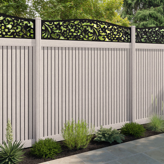 Virtis Eden Curved Top Fence Panel - Mid Stone - with our composite posts