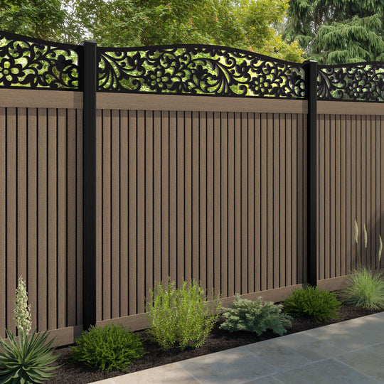 Virtis Eden Curved Top Fence Panel - Teak - with our aluminium posts