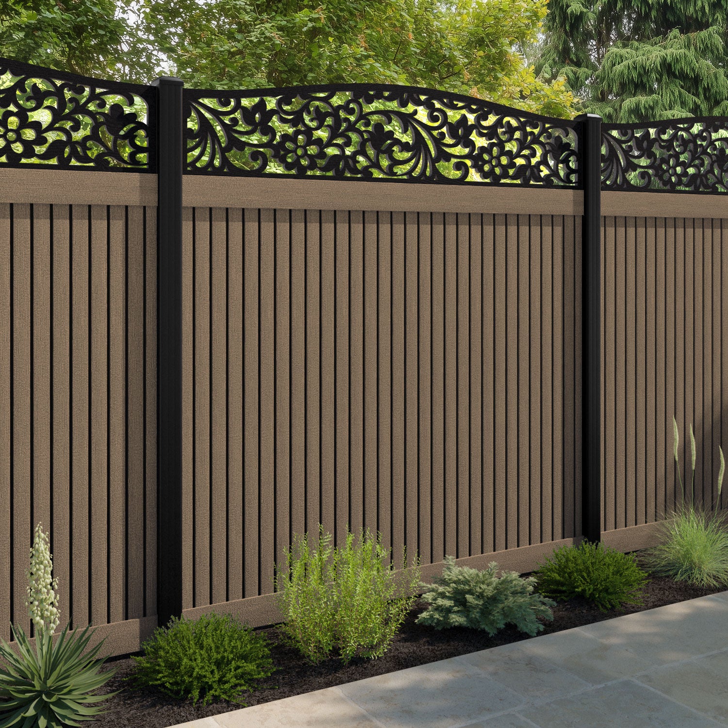 Virtis Eden Curved Top Fence Panel - Teak - with our composite posts