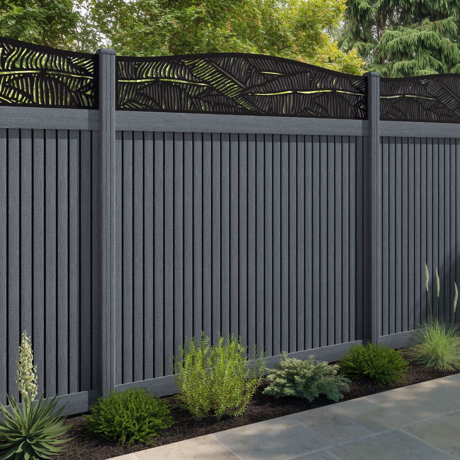 Virtis Feather Curved Top Fence Panel - Anthracite - with our composite posts