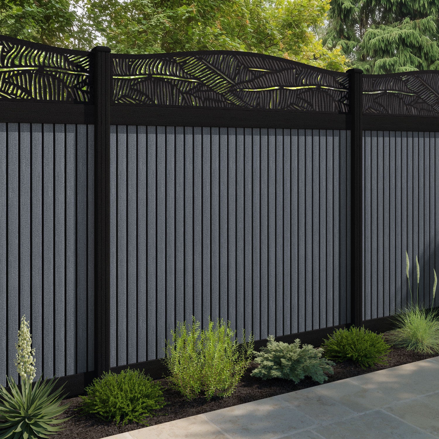 Virtis Feather Curved Top Fence Panel - Anthracite - with our composite posts