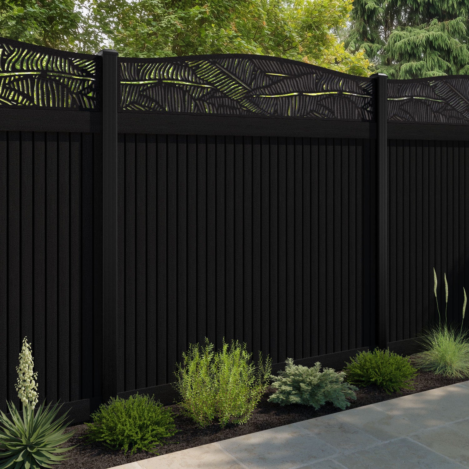 Virtis Feather Curved Top Fence Panel - Black - with our aluminium posts
