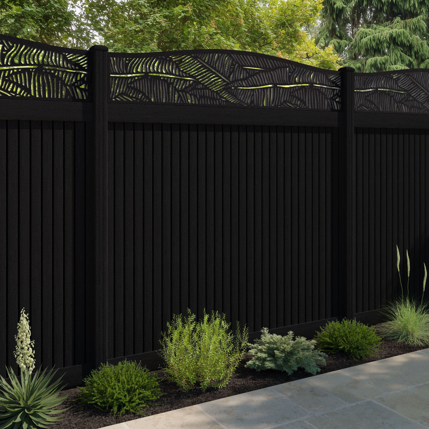 Virtis Feather Curved Top Fence Panel - Black - with our composite posts