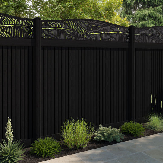 Virtis Feather Curved Top Fence Panel - Black - with our composite posts
