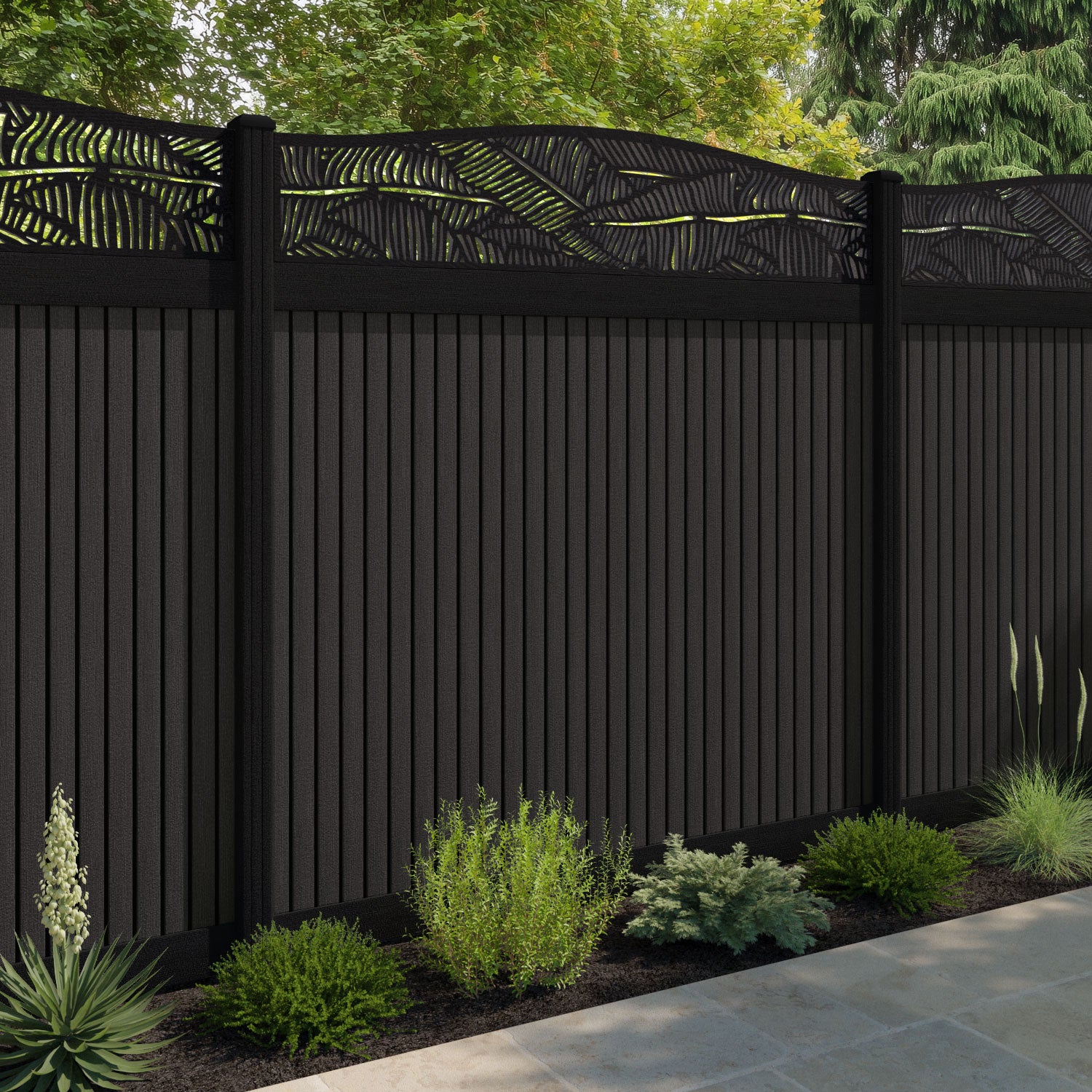 Virtis Feather Curved Top Fence Panel - Dark Oak - with our aluminium posts