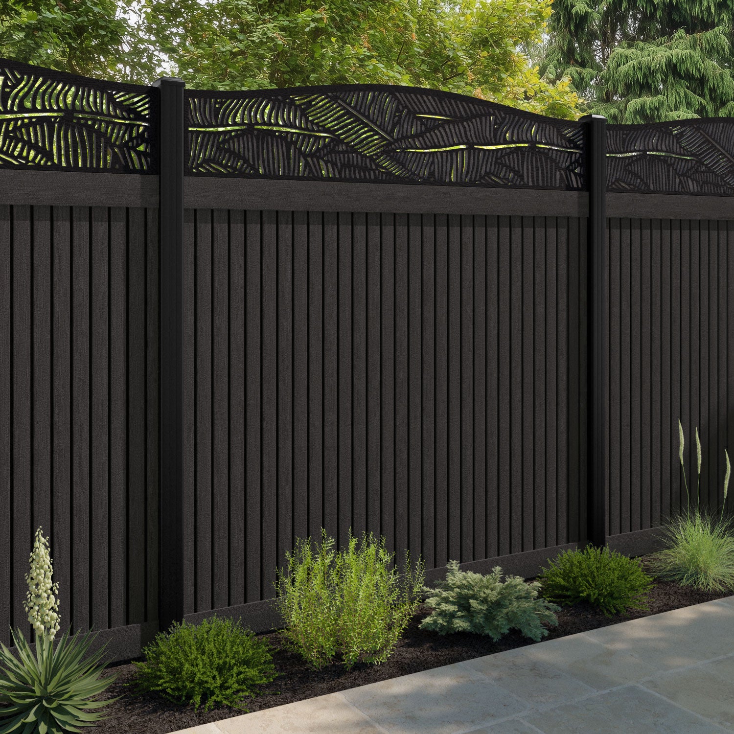 Virtis Feather Curved Top Fence Panel - Dark Oak - with our aluminium posts