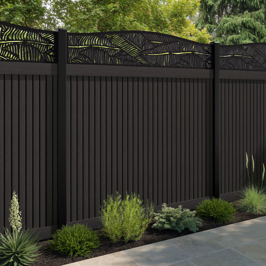 Virtis Feather Curved Top Fence Panel - Dark Oak - with our aluminium posts