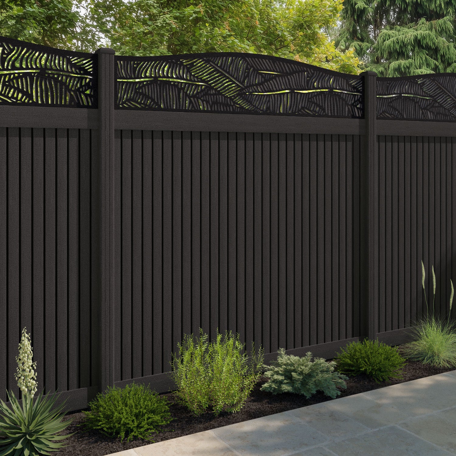Virtis Feather Curved Top Fence Panel - Dark Oak - with our composite posts