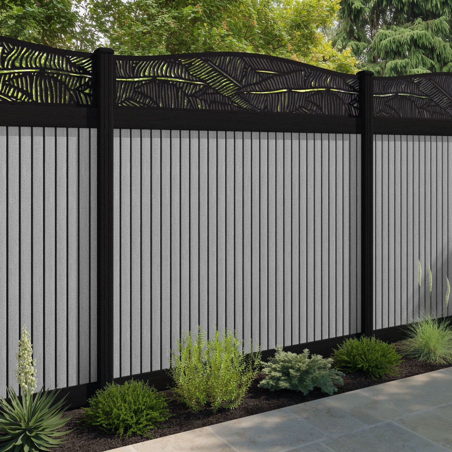Virtis Feather Curved Top Fence Panel - Light Grey - with our composite posts