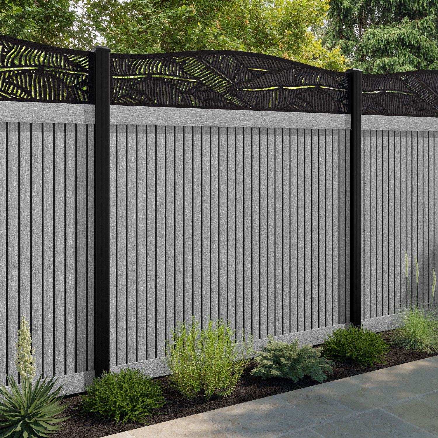 Virtis Feather Curved Top Fence Panel - Light Grey - with our aluminium posts
