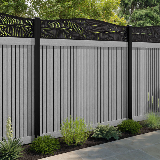 Virtis Feather Curved Top Fence Panel - Light Grey - with our aluminium posts