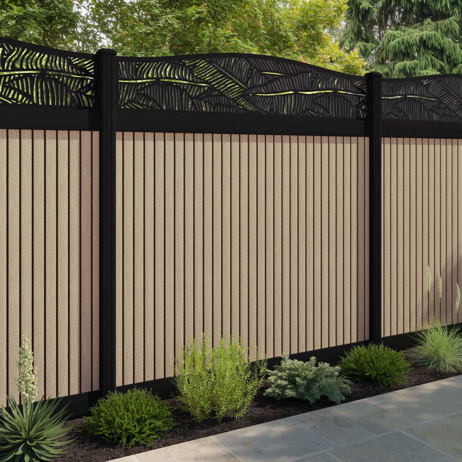Virtis Feather Curved Top Fence Panel - Light Oak - with our composite posts