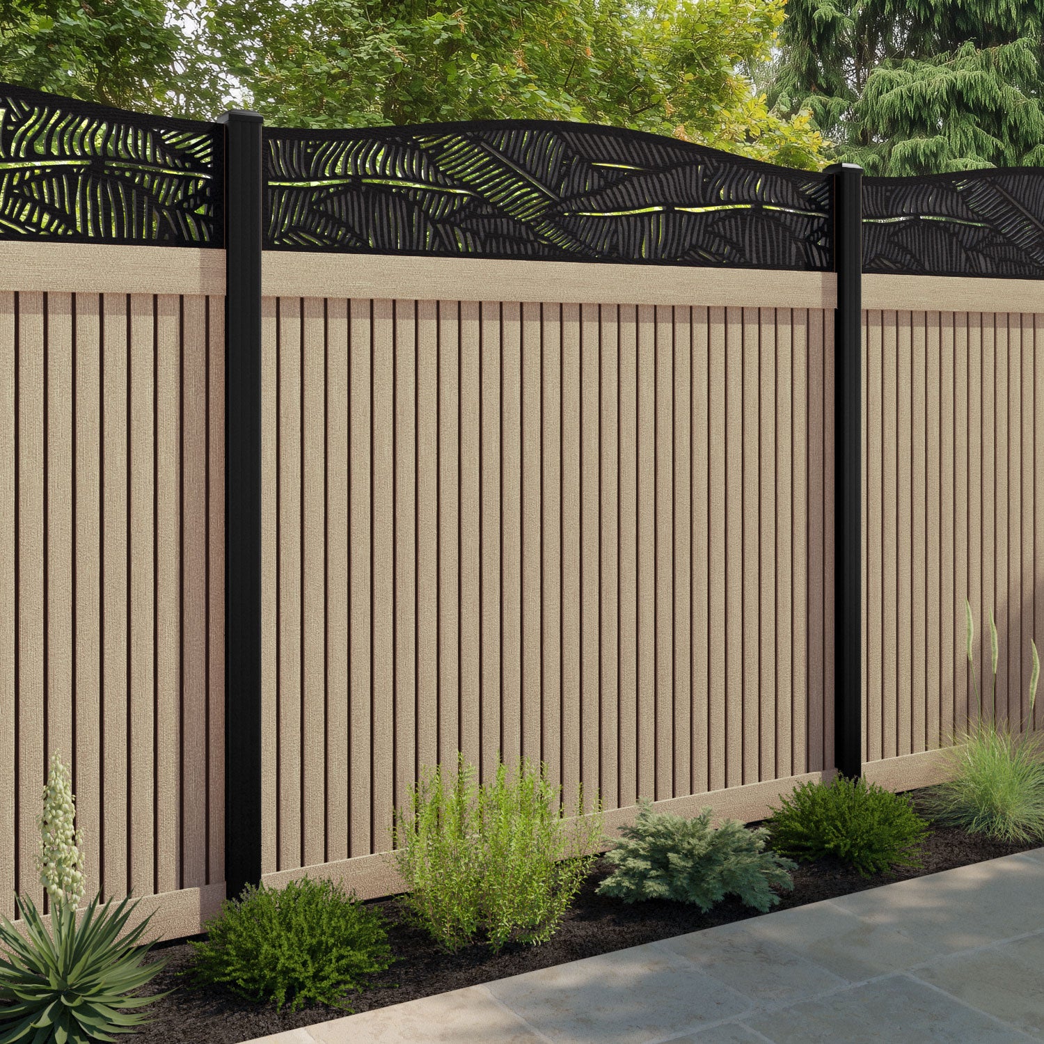 Virtis Feather Curved Top Fence Panel - Light Oak - with our composite posts
