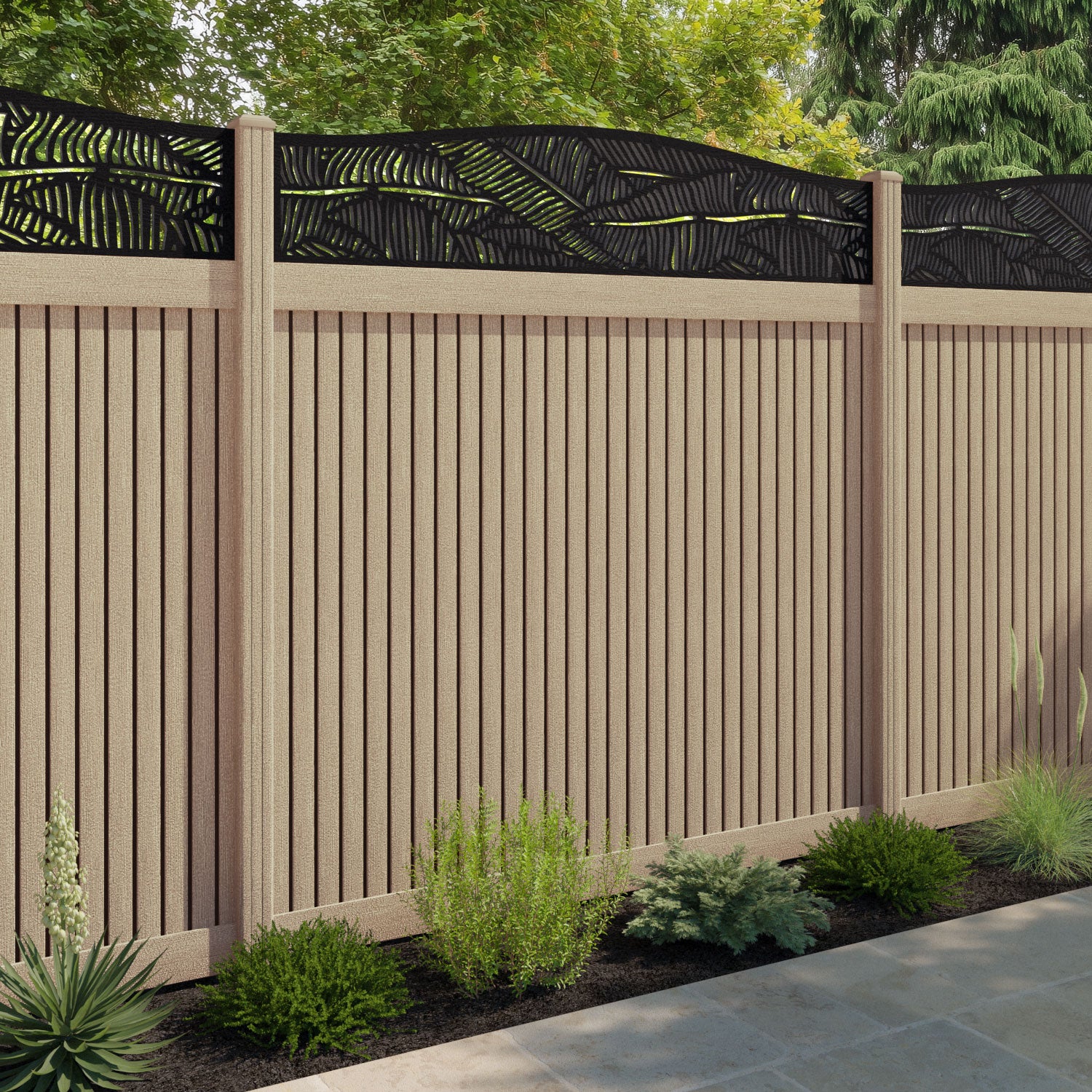 Virtis Feather Curved Top Fence Panel - Light Oak - with our composite posts