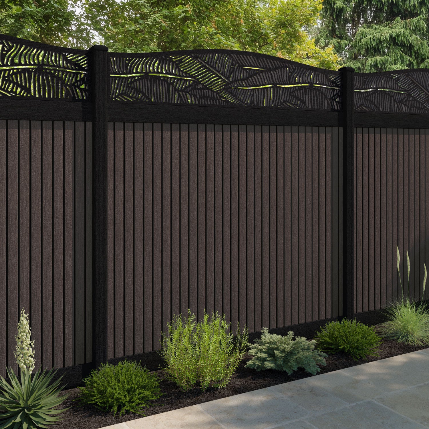 Virtis Feather Curved Top Fence Panel - Mid Brown - with our aluminium posts
