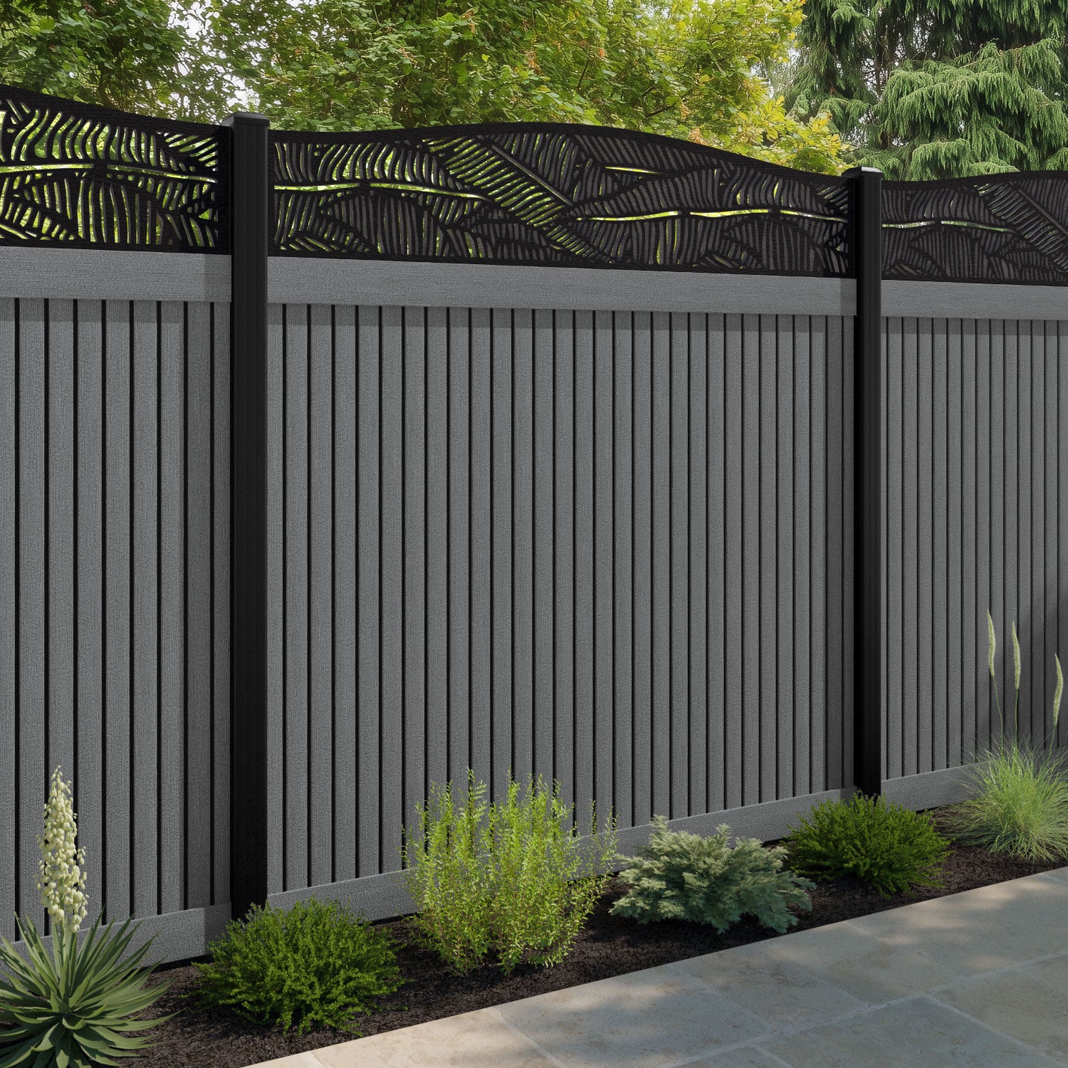 Virtis Feather Curved Top Fence Panel - Mid Grey - with our composite posts