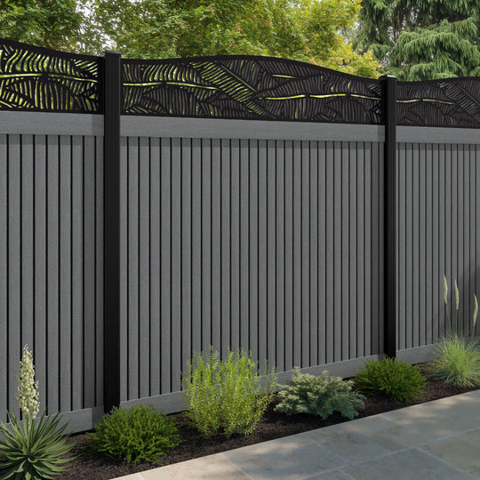 Virtis Feather Curved Top Fence Panel - Mid Grey - with our aluminium posts