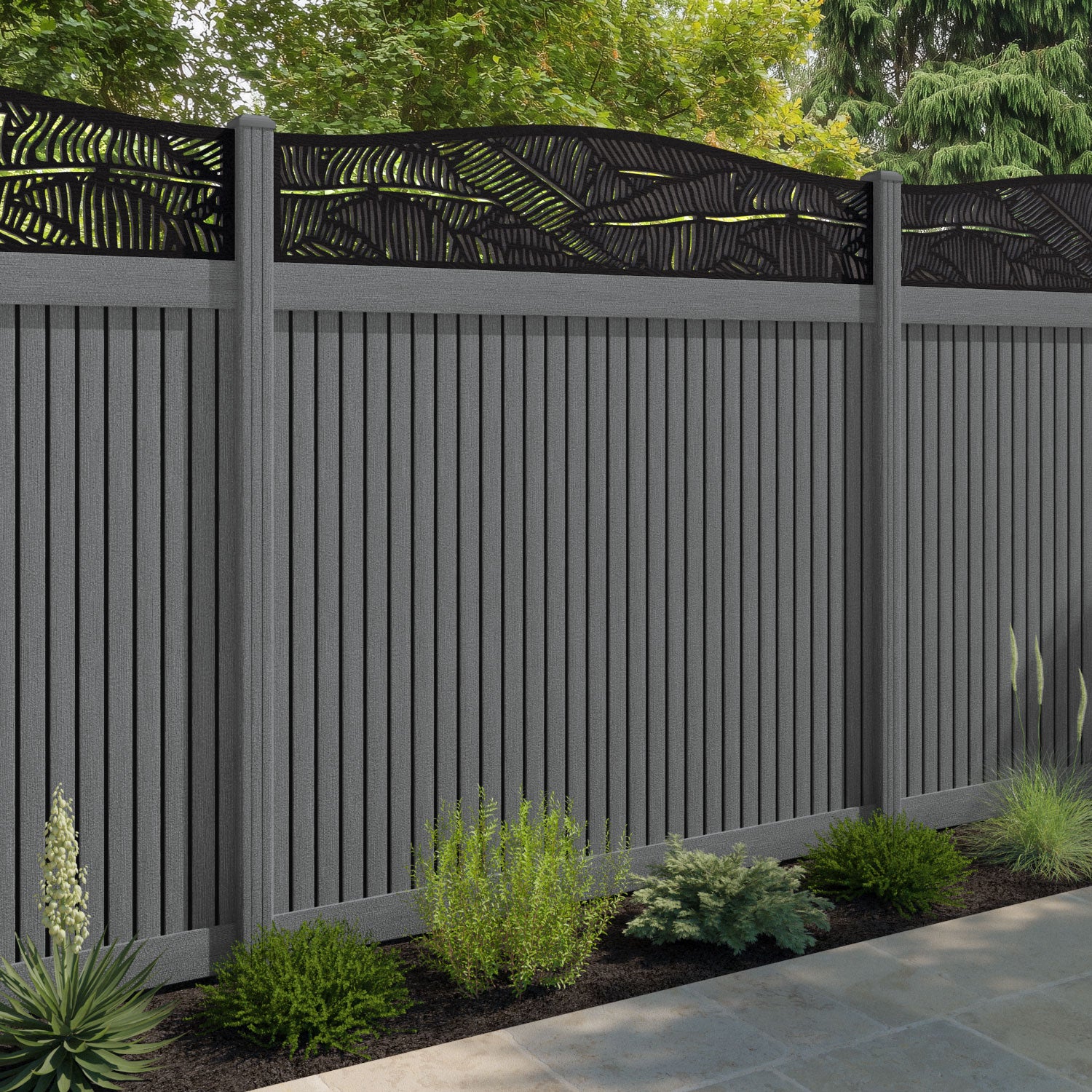 Virtis Feather Curved Top Fence Panel - Mid Grey - with our composite posts