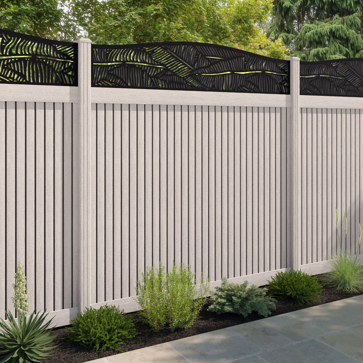Virtis Feather Curved Top Fence Panel - Mid Stone - with our composite posts