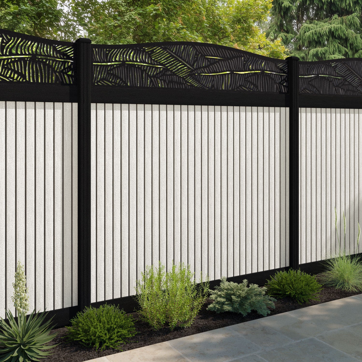 Virtis Feather Curved Top Fence Panel - Light Stone - with our aluminium posts