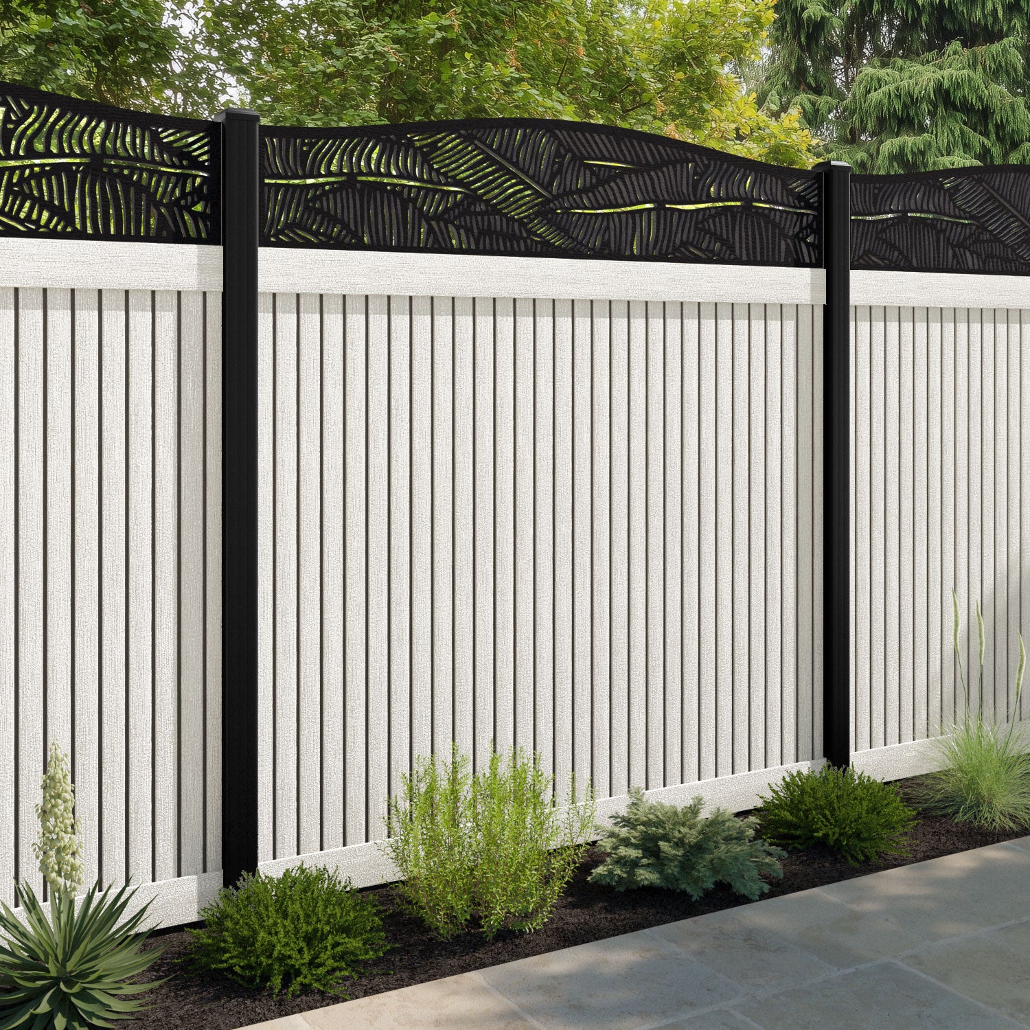 Virtis Feather Curved Top Fence Panel - Light Stone - with our aluminium posts