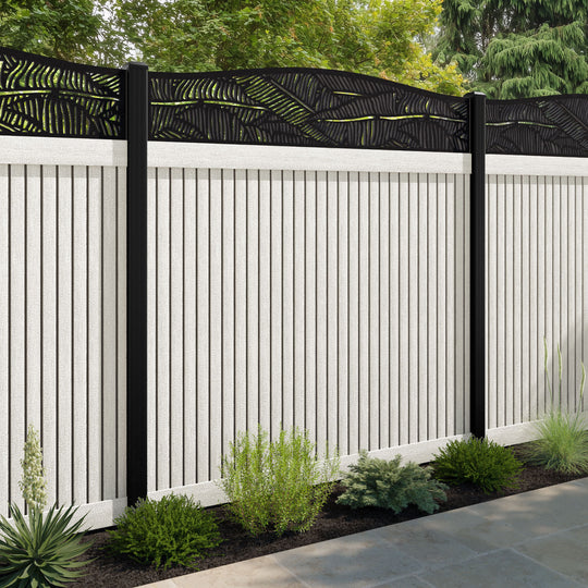 Virtis Feather Curved Top Fence Panel - Light Stone - with our aluminium posts