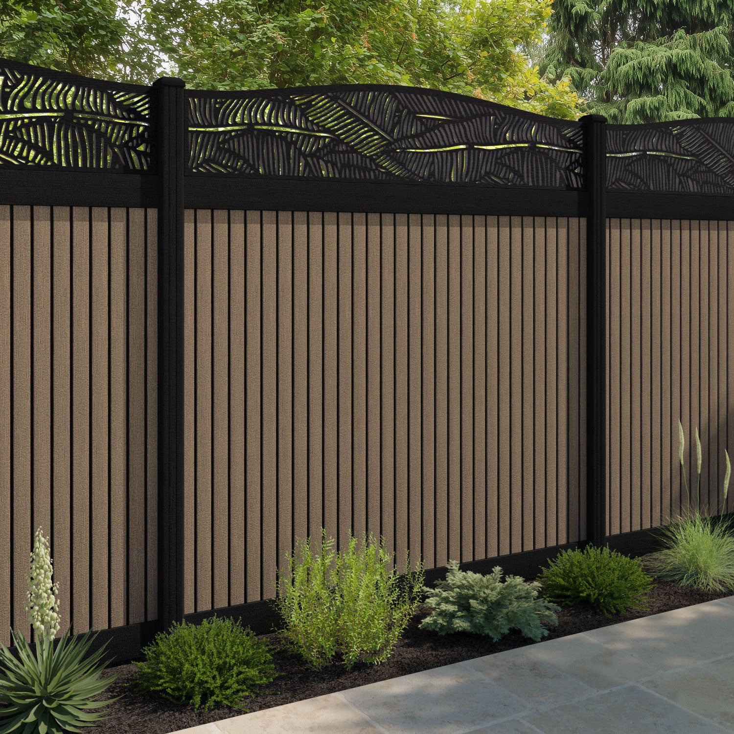 Virtis Feather Curved Top Fence Panel - Teak - with our aluminium posts
