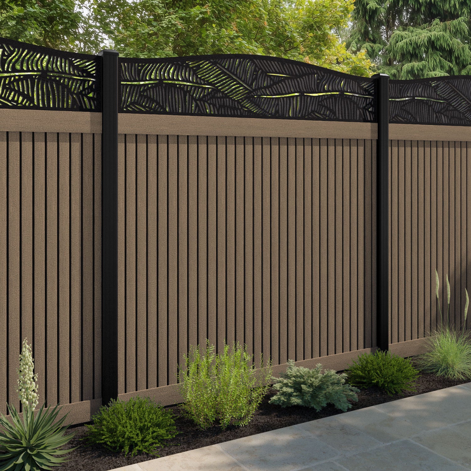 Virtis Feather Curved Top Fence Panel - Teak - with our composite posts