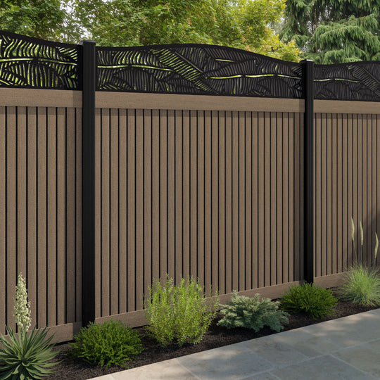 Virtis Feather Curved Top Fence Panel - Teak - with our aluminium posts