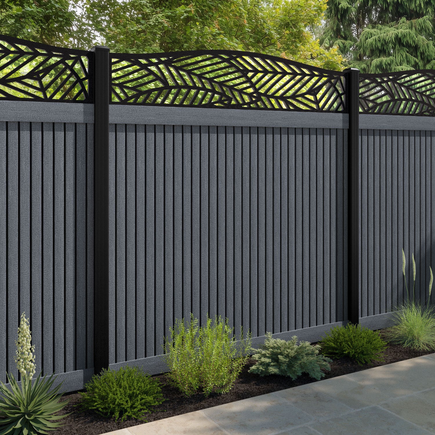Virtis Habitat Curved Top Fence Panel - Anthracite - with our aluminium posts