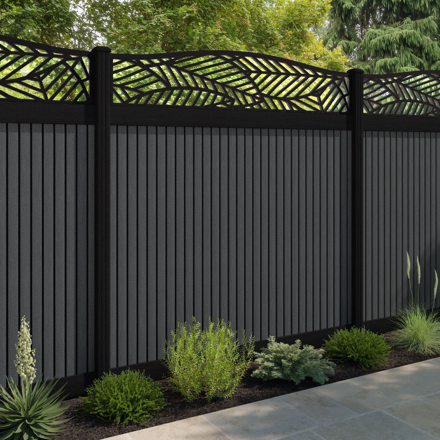 Virtis Habitat Curved Top Fence Panel - Dark Grey - with our composite posts