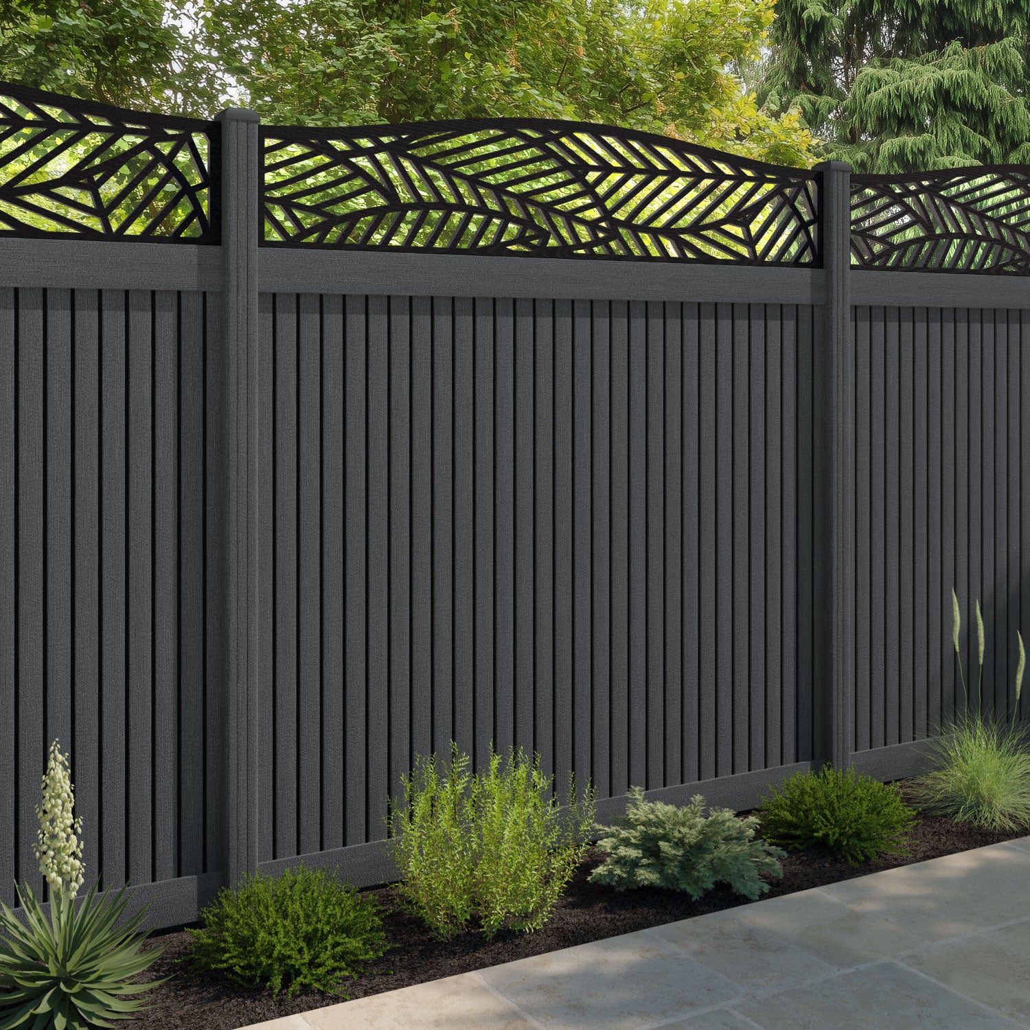 Virtis Habitat Curved Top Fence Panel - Dark Grey - with our composite posts