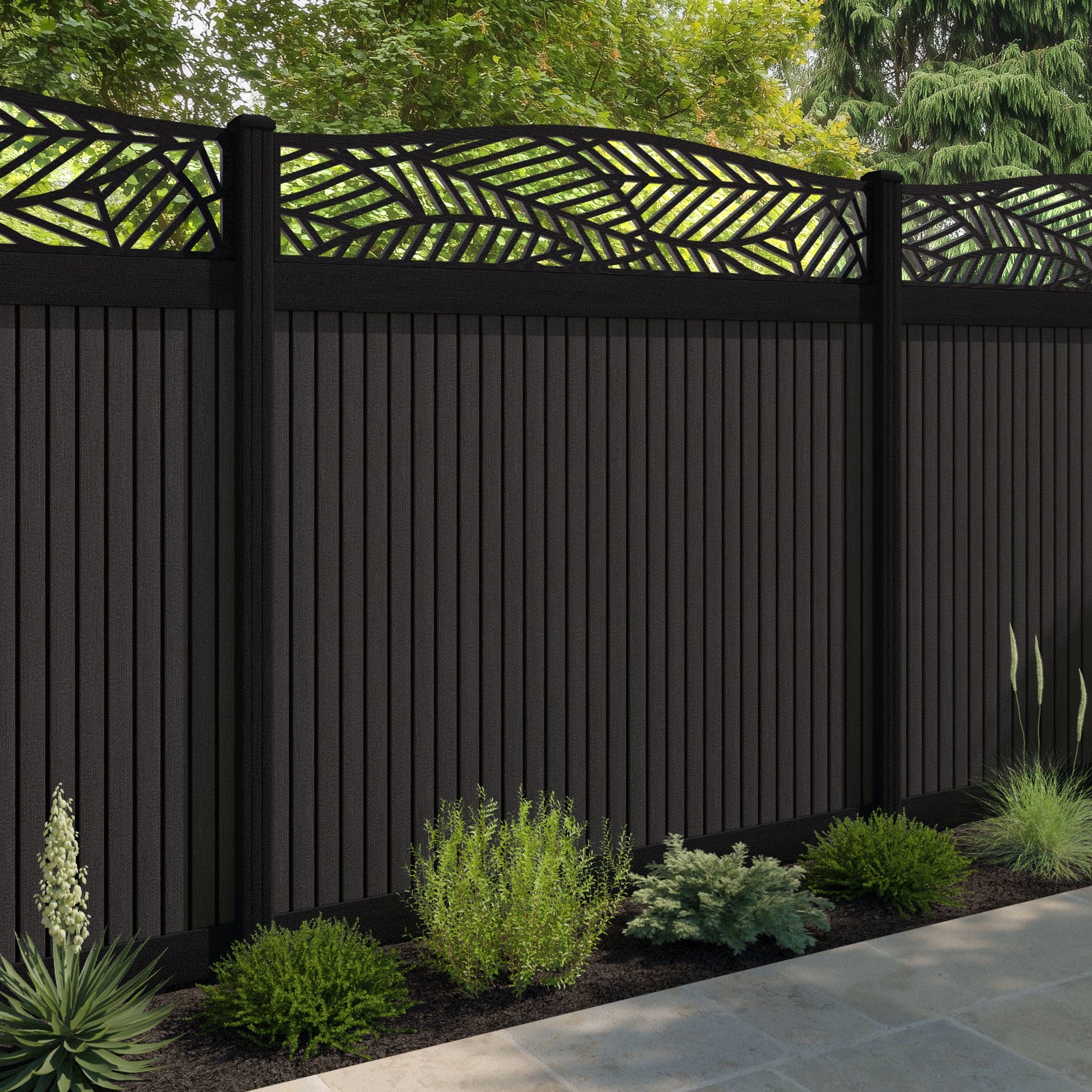 Virtis Habitat Curved Top Fence Panel - Dark Oak - with our composite posts